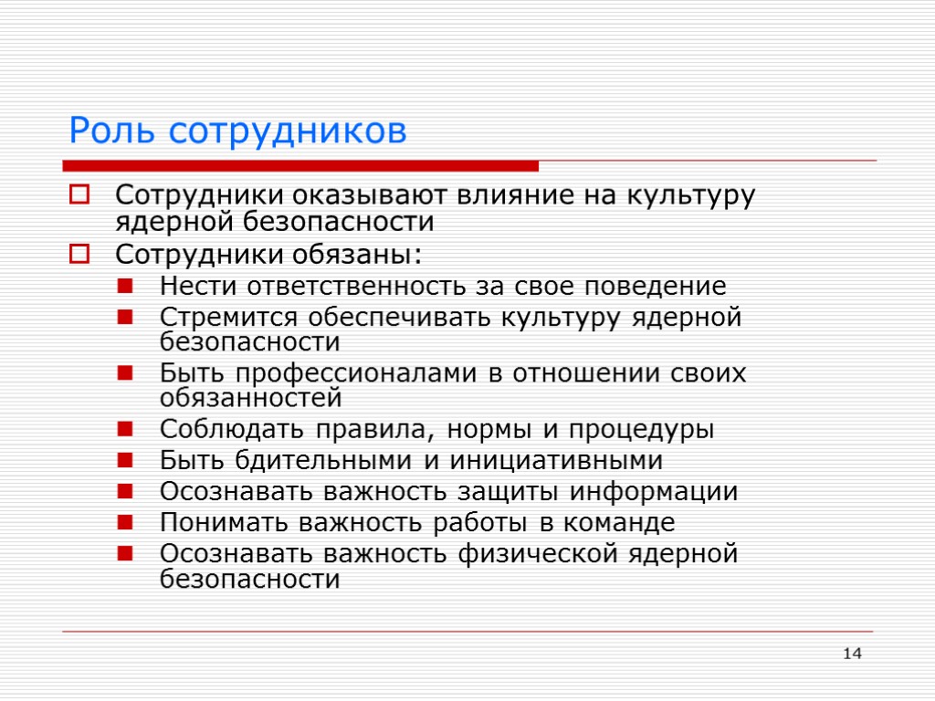 14 Роль сотрудников Сотрудники оказывают влияние на культуру ядерной безопасности Сотрудники обязаны: Нести ответственность